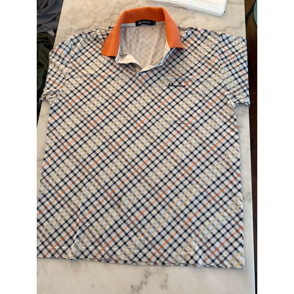 Aquascutum London Plaid Polo Shirt Men’s X-Large Orange Collar Classic Heritage